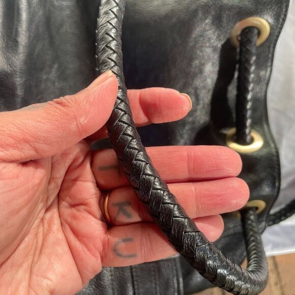 COLE HAAN  Pebble Leather Braided Drawstring Handle Black SHOULDER BAG HOBO - Picture 5 of 10